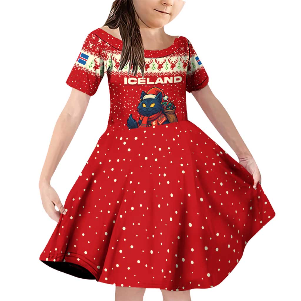Iceland Christmas Family Matching Off Shoulder Short Dress and Hawaiian Shirt with Red Snowflake Pattern Yule Cat and National Coat of Arms Motif - Wonder Print Shop
