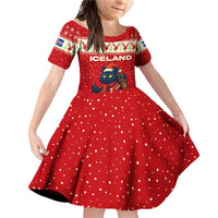 Iceland Christmas Family Matching Off Shoulder Short Dress and Hawaiian Shirt with Red Snowflake Pattern Yule Cat and National Coat of Arms Motif - Wonder Print Shop