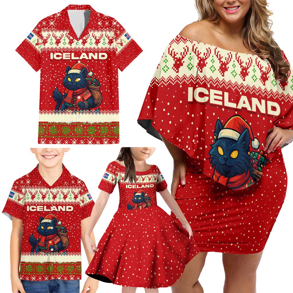 Iceland Christmas Family Matching Off Shoulder Short Dress and Hawaiian Shirt with Red Snowflake Pattern Yule Cat and National Coat of Arms Motif - Wonder Print Shop