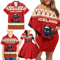 Iceland Christmas Family Matching Off Shoulder Short Dress and Hawaiian Shirt with Red Snowflake Pattern Yule Cat and National Coat of Arms Motif - Wonder Print Shop