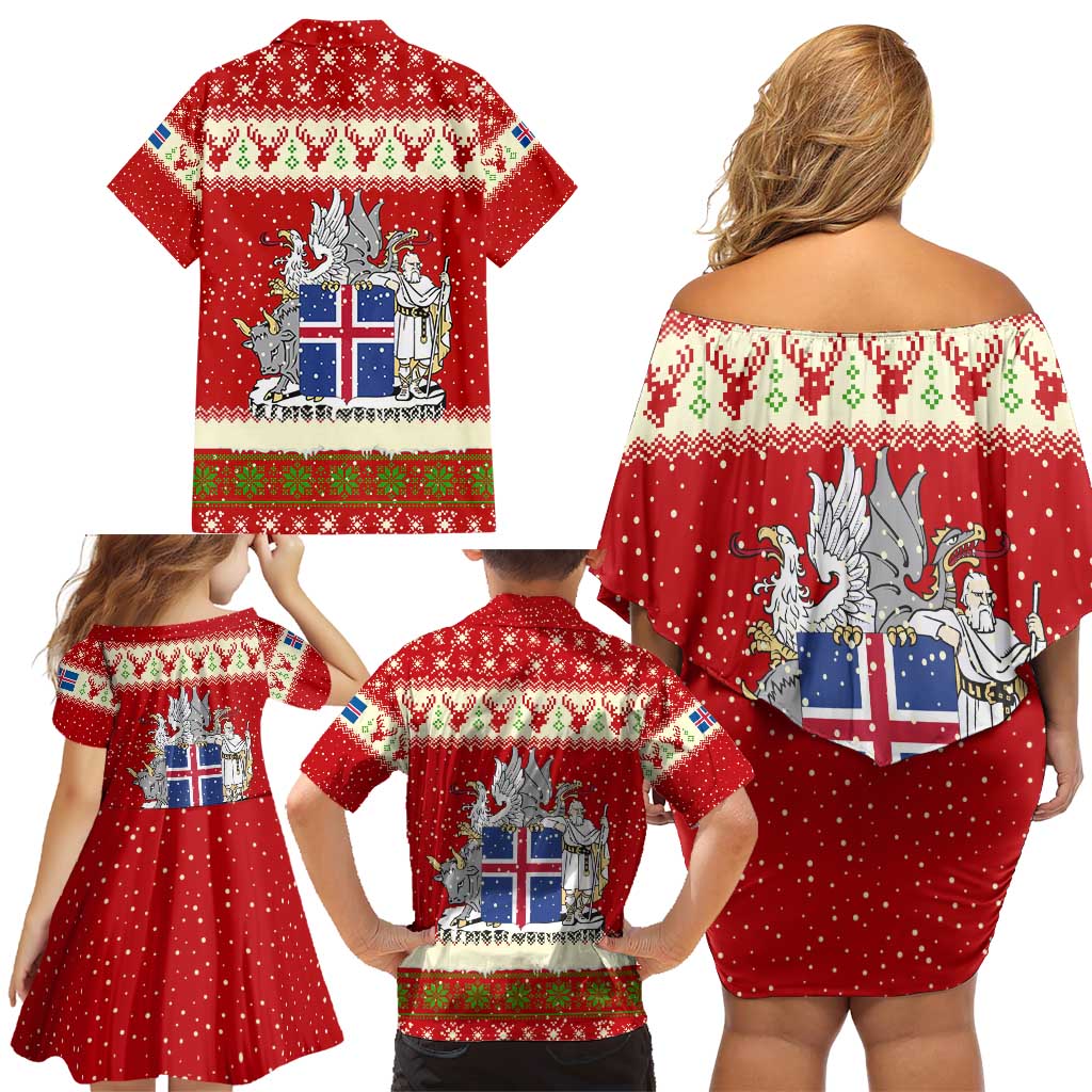 Iceland Christmas Family Matching Off Shoulder Short Dress and Hawaiian Shirt with Red Snowflake Pattern Yule Cat and National Coat of Arms Motif - Wonder Print Shop
