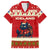 Iceland Christmas Family Matching Off Shoulder Short Dress and Hawaiian Shirt with Red Snowflake Pattern Yule Cat and National Coat of Arms Motif - Wonder Print Shop
