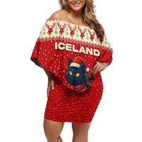 Iceland Christmas Family Matching Off Shoulder Short Dress and Hawaiian Shirt with Red Snowflake Pattern Yule Cat and National Coat of Arms Motif - Wonder Print Shop