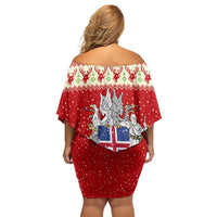 Iceland Christmas Family Matching Off Shoulder Short Dress and Hawaiian Shirt with Red Snowflake Pattern Yule Cat and National Coat of Arms Motif - Wonder Print Shop