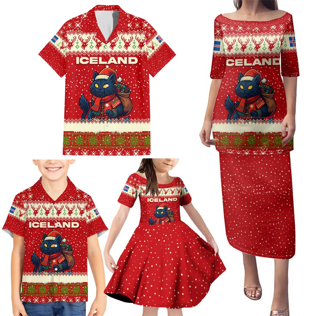 Iceland Christmas Family Matching Puletasi and Hawaiian Shirt with Red Snowflake Pattern Yule Cat and National Coat of Arms Motif - Wonder Print Shop