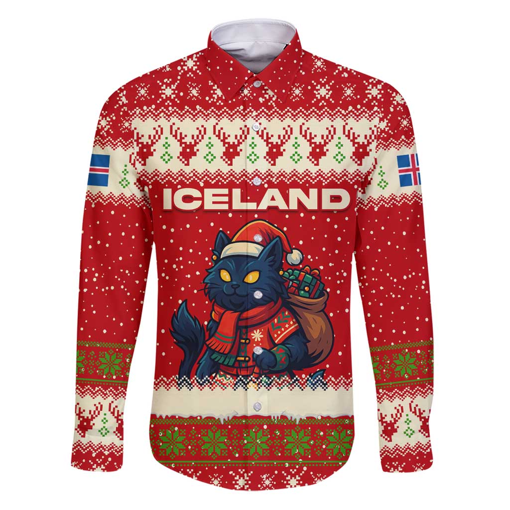 Iceland Christmas Family Matching Puletasi and Hawaiian Shirt with Red Snowflake Pattern Yule Cat and National Coat of Arms Motif - Wonder Print Shop