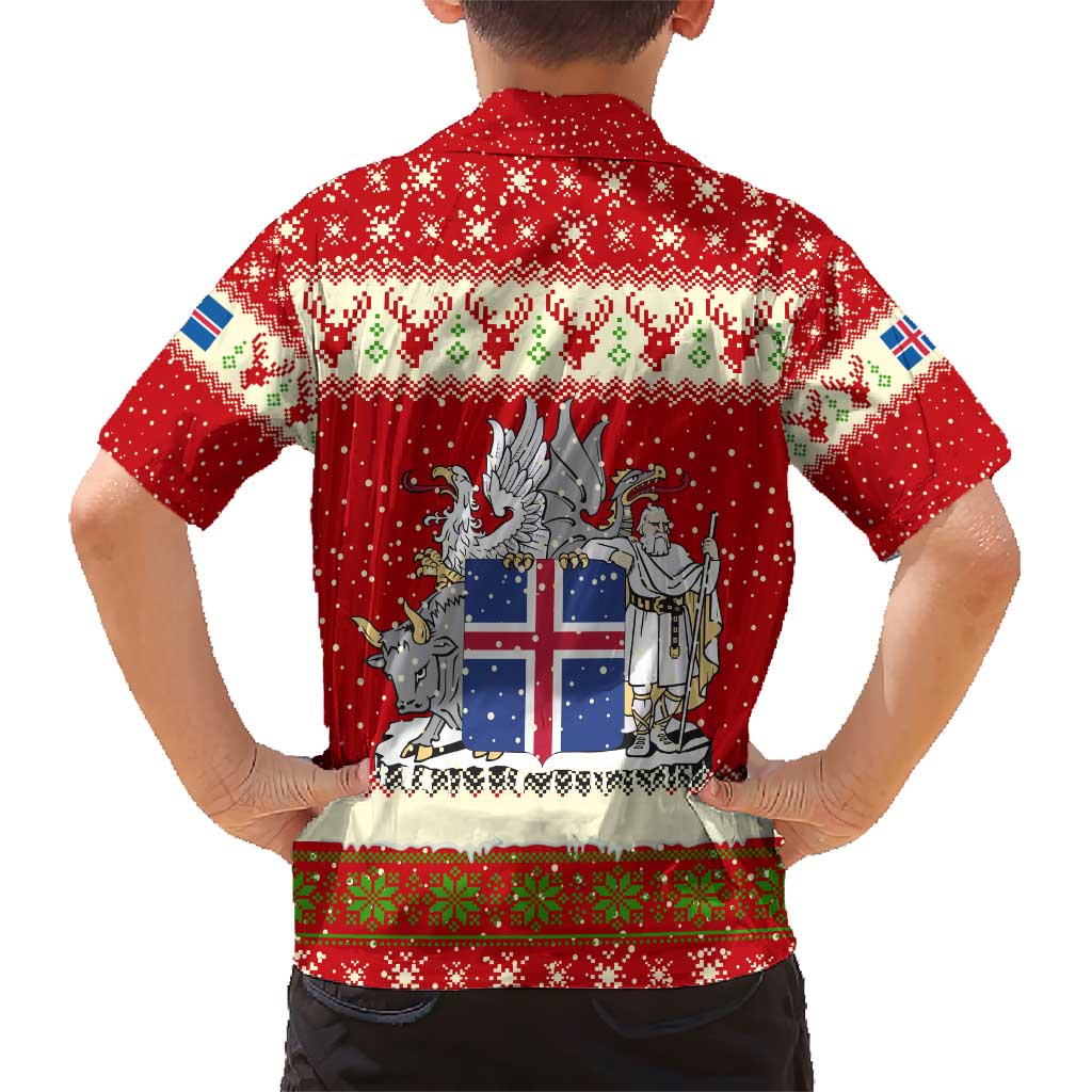 Iceland Christmas Family Matching Short Sleeve Bodycon Dress and Hawaiian Shirt with Red Snowflake Pattern Yule Cat and National Coat of Arms Motif - Wonder Print Shop