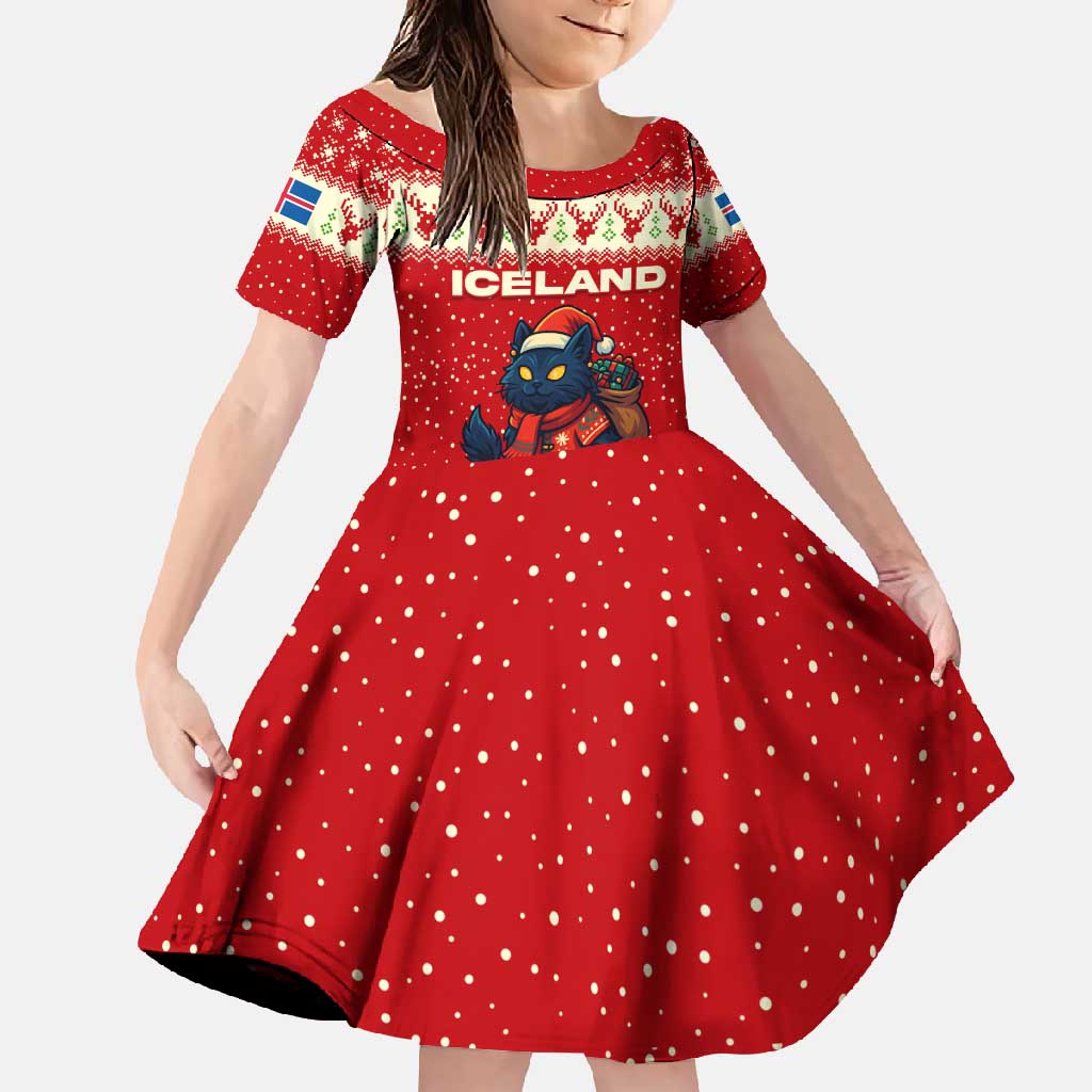 Iceland Christmas Family Matching Short Sleeve Bodycon Dress and Hawaiian Shirt with Red Snowflake Pattern Yule Cat and National Coat of Arms Motif - Wonder Print Shop