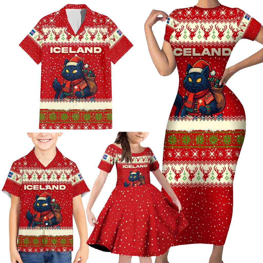 Iceland Christmas Family Matching Short Sleeve Bodycon Dress and Hawaiian Shirt with Red Snowflake Pattern Yule Cat and National Coat of Arms Motif - Wonder Print Shop