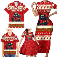 Iceland Christmas Family Matching Short Sleeve Bodycon Dress and Hawaiian Shirt with Red Snowflake Pattern Yule Cat and National Coat of Arms Motif - Wonder Print Shop