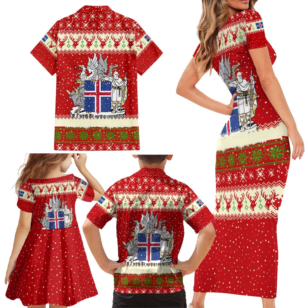 Iceland Christmas Family Matching Short Sleeve Bodycon Dress and Hawaiian Shirt with Red Snowflake Pattern Yule Cat and National Coat of Arms Motif - Wonder Print Shop