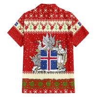 Iceland Christmas Family Matching Short Sleeve Bodycon Dress and Hawaiian Shirt with Red Snowflake Pattern Yule Cat and National Coat of Arms Motif - Wonder Print Shop