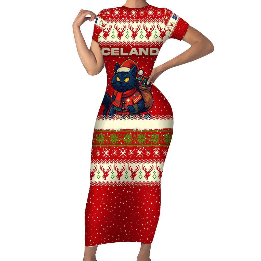 Iceland Christmas Family Matching Short Sleeve Bodycon Dress and Hawaiian Shirt with Red Snowflake Pattern Yule Cat and National Coat of Arms Motif - Wonder Print Shop