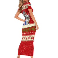 Iceland Christmas Family Matching Short Sleeve Bodycon Dress and Hawaiian Shirt with Red Snowflake Pattern Yule Cat and National Coat of Arms Motif - Wonder Print Shop