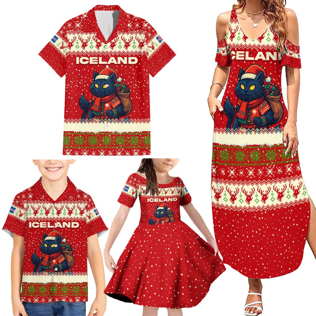 Iceland Christmas Family Matching Summer Maxi Dress and Hawaiian Shirt with Red Snowflake Pattern Yule Cat and National Coat of Arms Motif - Wonder Print Shop