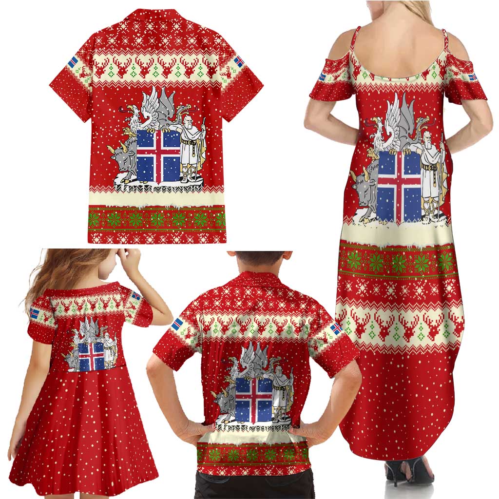 Iceland Christmas Family Matching Summer Maxi Dress and Hawaiian Shirt with Red Snowflake Pattern Yule Cat and National Coat of Arms Motif - Wonder Print Shop