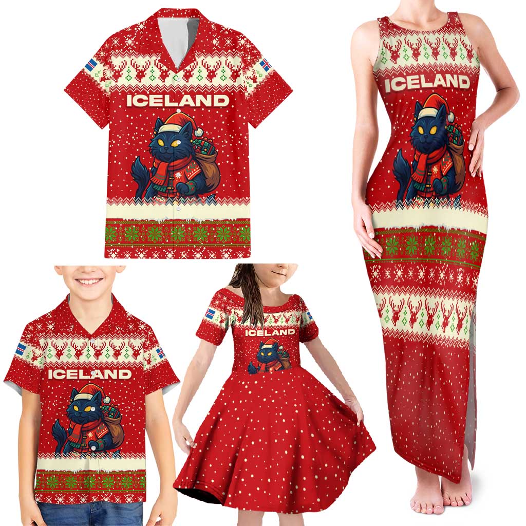 Iceland Christmas Family Matching Tank Maxi Dress and Hawaiian Shirt with Red Snowflake Pattern Yule Cat and National Coat of Arms Motif - Wonder Print Shop