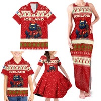 Iceland Christmas Family Matching Tank Maxi Dress and Hawaiian Shirt with Red Snowflake Pattern Yule Cat and National Coat of Arms Motif - Wonder Print Shop