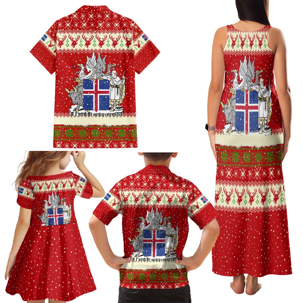 Iceland Christmas Family Matching Tank Maxi Dress and Hawaiian Shirt with Red Snowflake Pattern Yule Cat and National Coat of Arms Motif - Wonder Print Shop