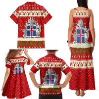Iceland Christmas Family Matching Tank Maxi Dress and Hawaiian Shirt with Red Snowflake Pattern Yule Cat and National Coat of Arms Motif - Wonder Print Shop