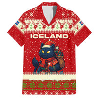 Iceland Christmas Family Matching Tank Maxi Dress and Hawaiian Shirt with Red Snowflake Pattern Yule Cat and National Coat of Arms Motif - Wonder Print Shop