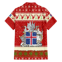 Iceland Christmas Family Matching Tank Maxi Dress and Hawaiian Shirt with Red Snowflake Pattern Yule Cat and National Coat of Arms Motif - Wonder Print Shop
