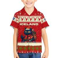 Iceland Christmas Family Matching Tank Maxi Dress and Hawaiian Shirt with Red Snowflake Pattern Yule Cat and National Coat of Arms Motif - Wonder Print Shop