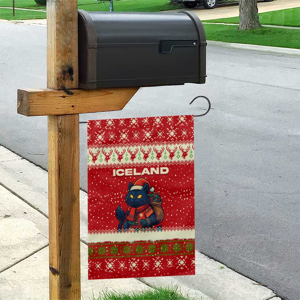 Iceland Christmas Garden Flag with Red Snowflake Pattern Yule Cat and National Coat of Arms Motif - Wonder Print Shop