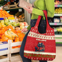 Iceland Christmas Grocery Bag with Red Snowflake Pattern Yule Cat and National Coat of Arms Motif - Wonder Print Shop