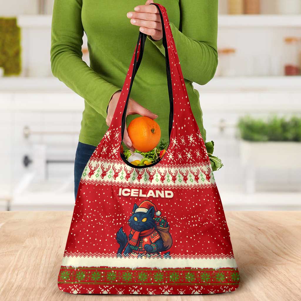 Iceland Christmas Grocery Bag with Red Snowflake Pattern Yule Cat and National Coat of Arms Motif - Wonder Print Shop