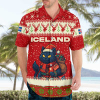 Iceland Christmas Hawaiian Shirt with Red Snowflake Pattern Yule Cat and National Coat of Arms Motif - Wonder Print Shop