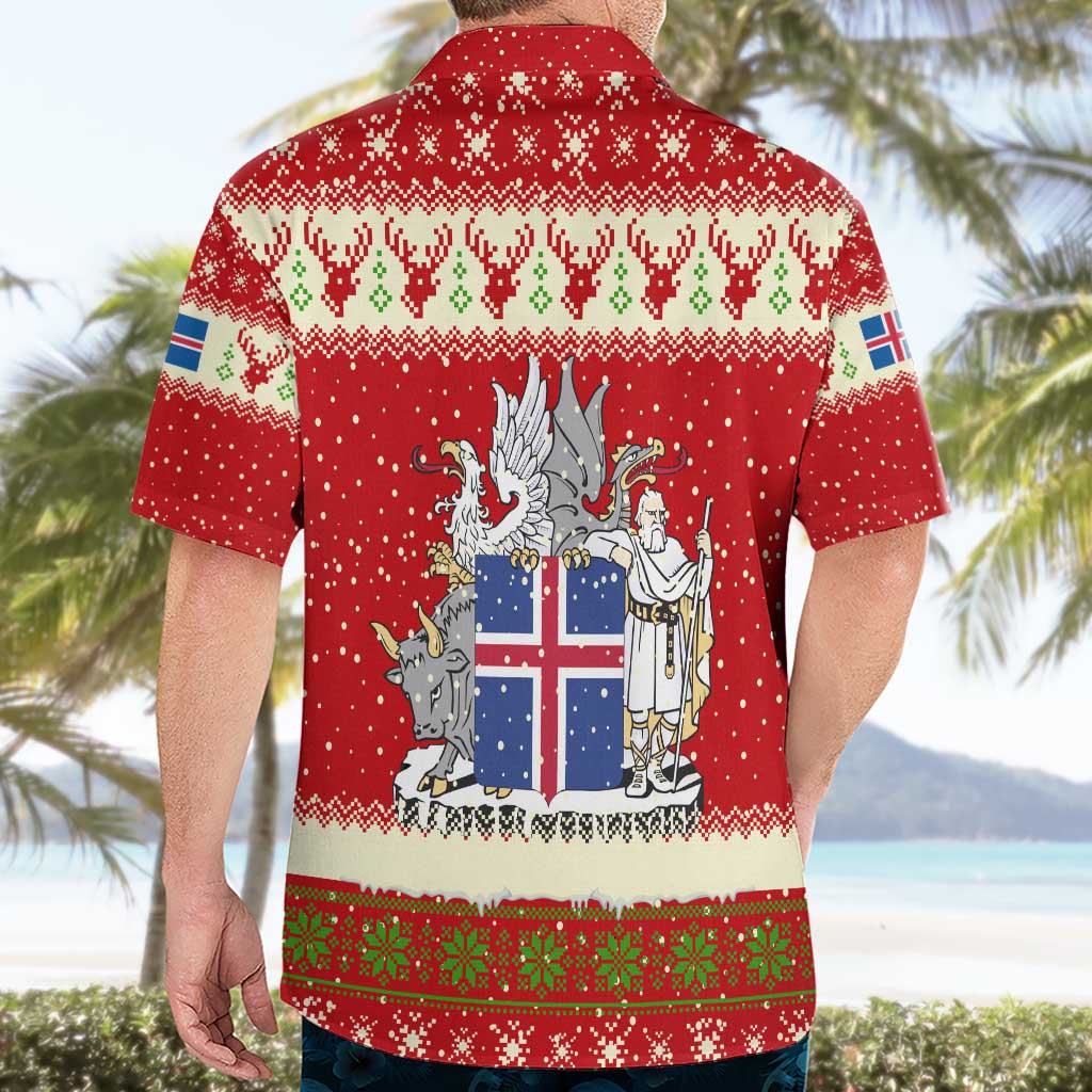 Iceland Christmas Hawaiian Shirt with Red Snowflake Pattern Yule Cat and National Coat of Arms Motif - Wonder Print Shop