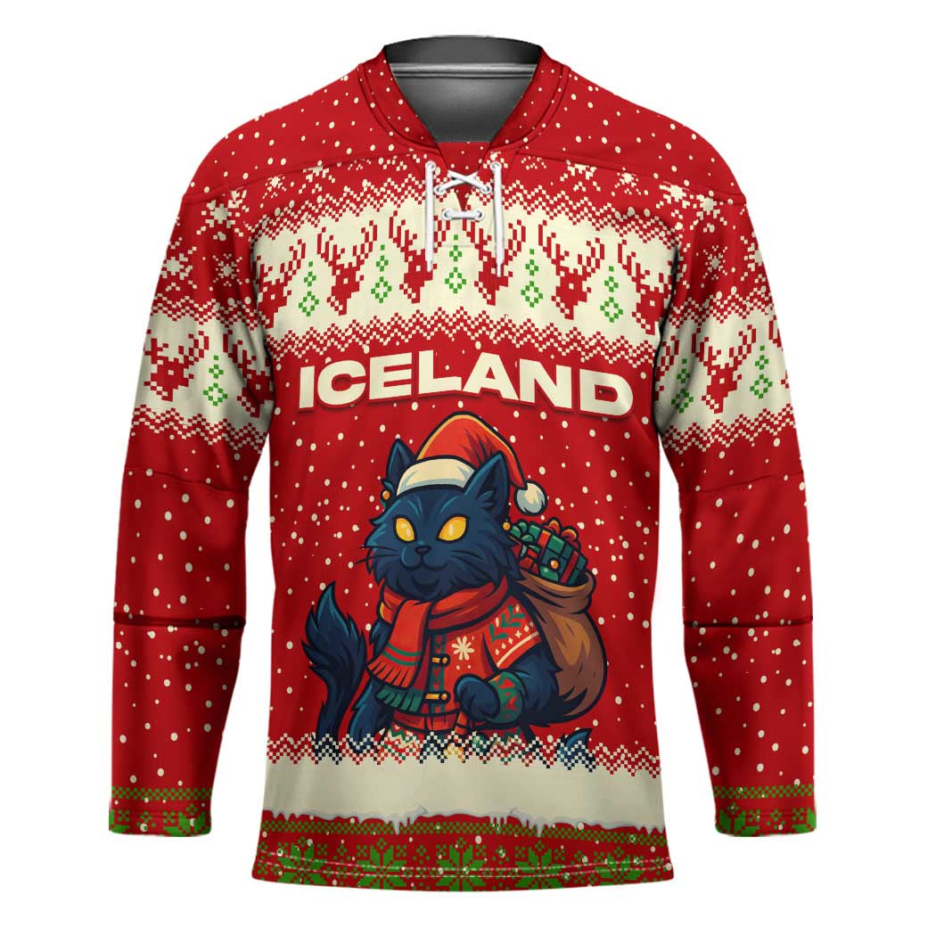 Iceland Christmas Hockey Jersey with Red Snowflake Pattern Yule Cat and National Coat of Arms Motif - Wonder Print Shop