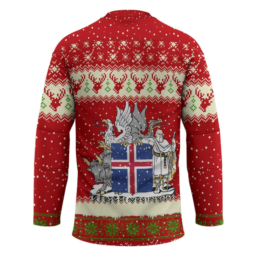 Iceland Christmas Hockey Jersey with Red Snowflake Pattern Yule Cat and National Coat of Arms Motif - Wonder Print Shop