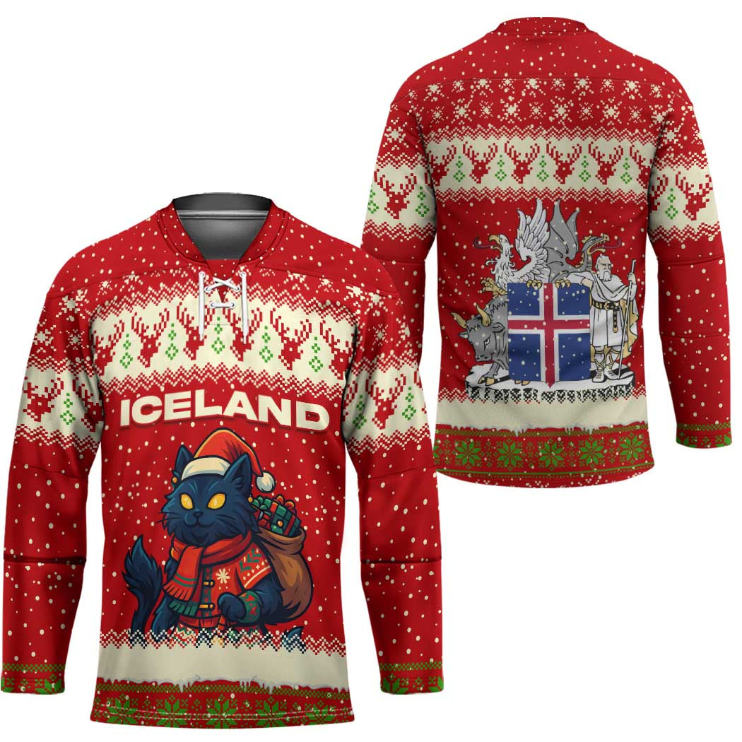 Iceland Christmas Hockey Jersey with Red Snowflake Pattern Yule Cat and National Coat of Arms Motif - Wonder Print Shop