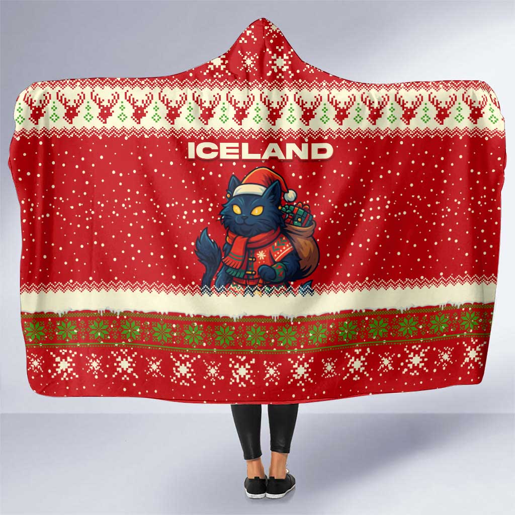Iceland Christmas Hooded Blanket with Red Snowflake Pattern Yule Cat and National Coat of Arms Motif - Wonder Print Shop