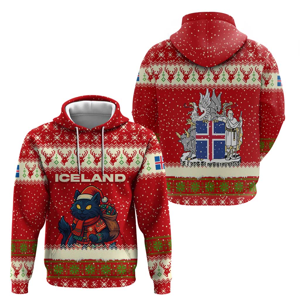 Iceland Christmas Hoodie with Red Snowflake Pattern Yule Cat and National Coat of Arms Motif - Wonder Print Shop