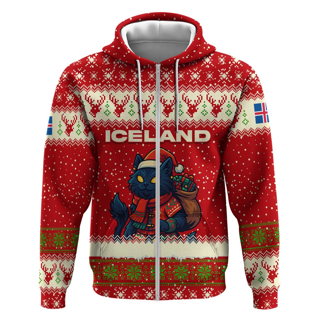Iceland Christmas Hoodie with Red Snowflake Pattern Yule Cat and National Coat of Arms Motif - Wonder Print Shop