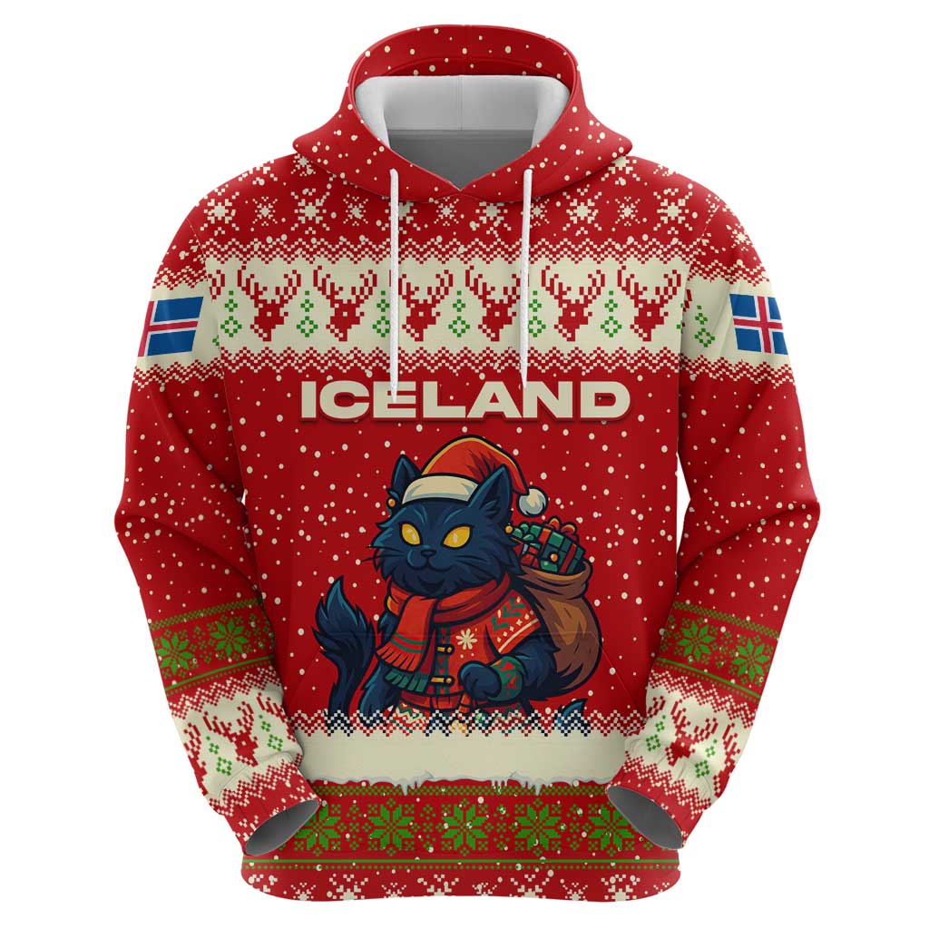 Iceland Christmas Hoodie with Red Snowflake Pattern Yule Cat and National Coat of Arms Motif - Wonder Print Shop