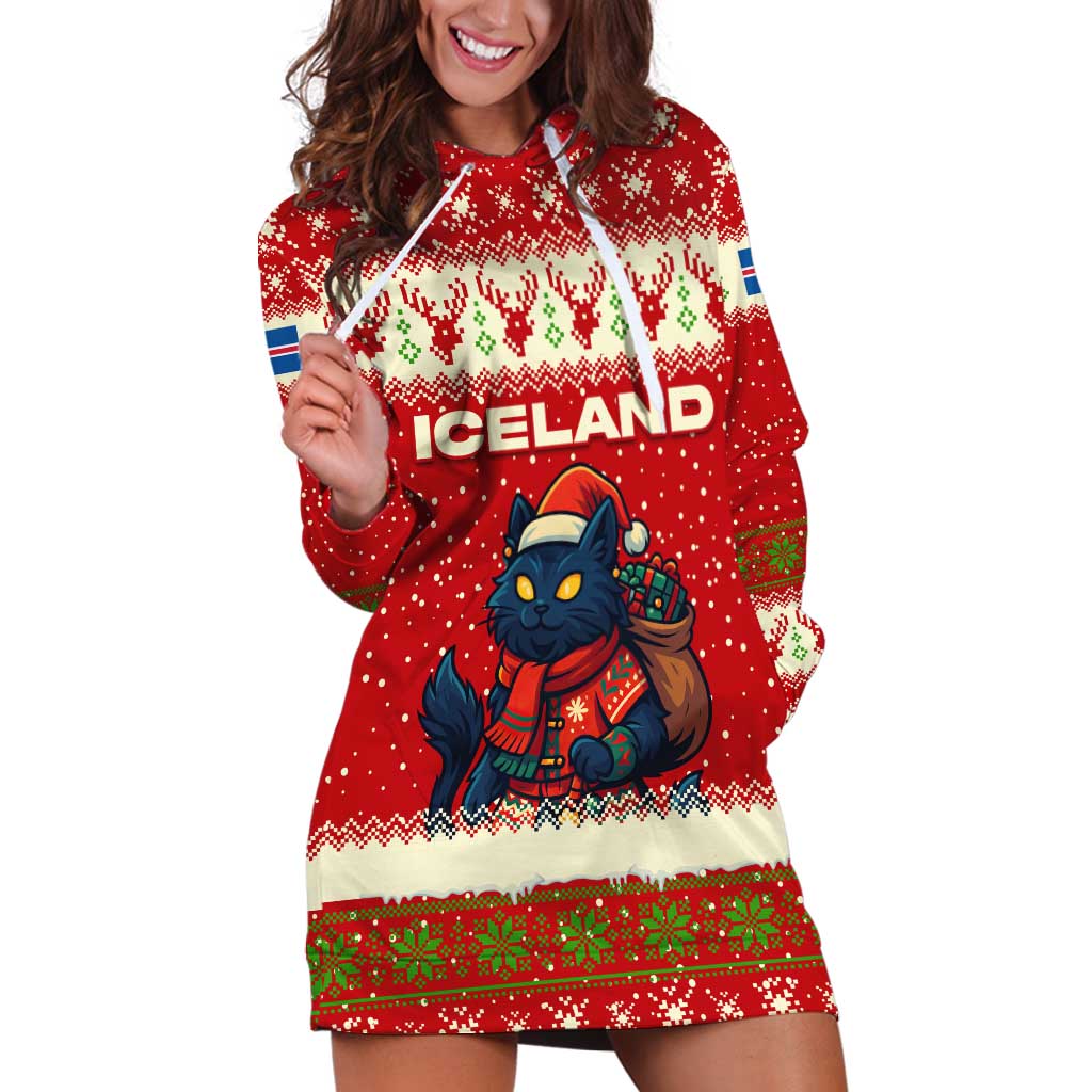 Iceland Christmas Hoodie Dress with Red Snowflake Pattern Yule Cat and National Coat of Arms Motif - Wonder Print Shop