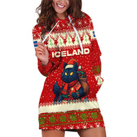 Iceland Christmas Hoodie Dress with Red Snowflake Pattern Yule Cat and National Coat of Arms Motif - Wonder Print Shop