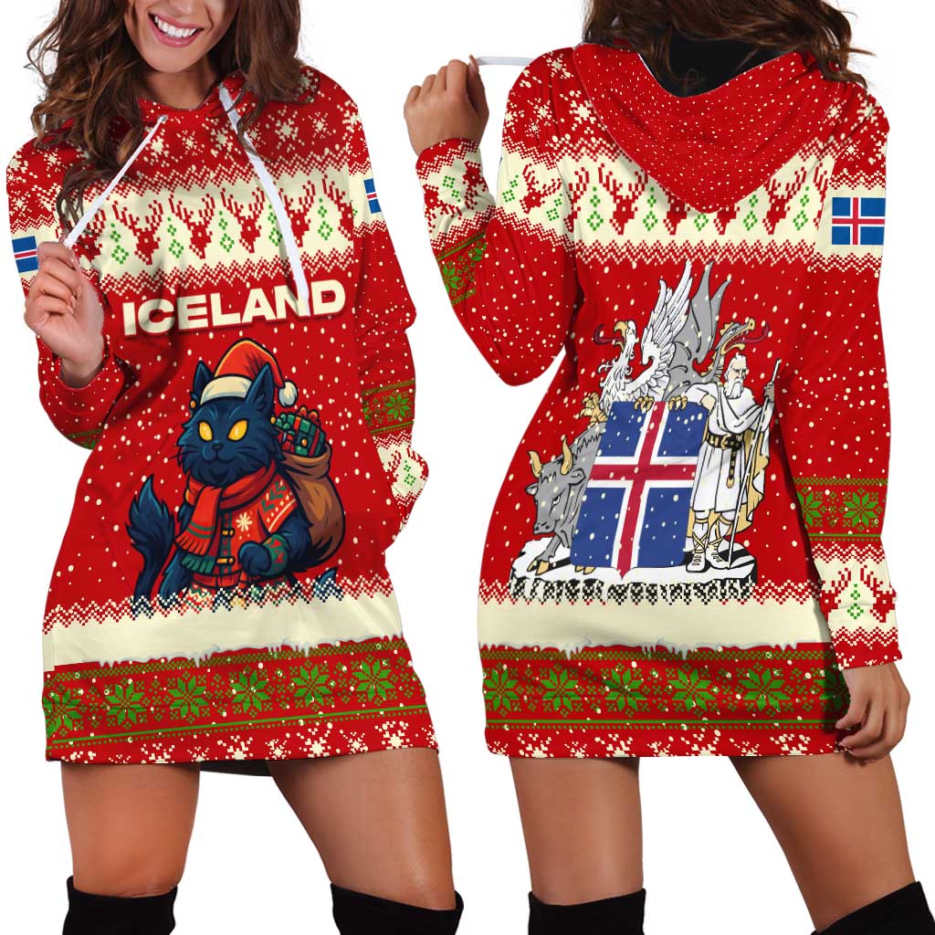 Iceland Christmas Hoodie Dress with Red Snowflake Pattern Yule Cat and National Coat of Arms Motif - Wonder Print Shop