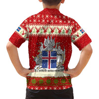 Iceland Christmas Kid Hawaiian Shirt with Red Snowflake Pattern Yule Cat and National Coat of Arms Motif - Wonder Print Shop