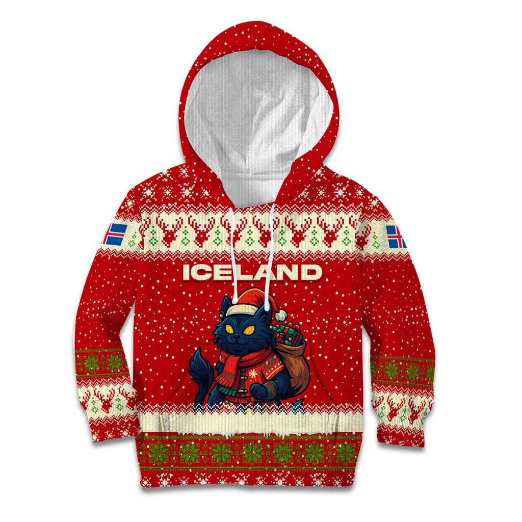 Iceland Christmas Kid Hoodie with Red Snowflake Pattern Yule Cat and National Coat of Arms Motif - Wonder Print Shop