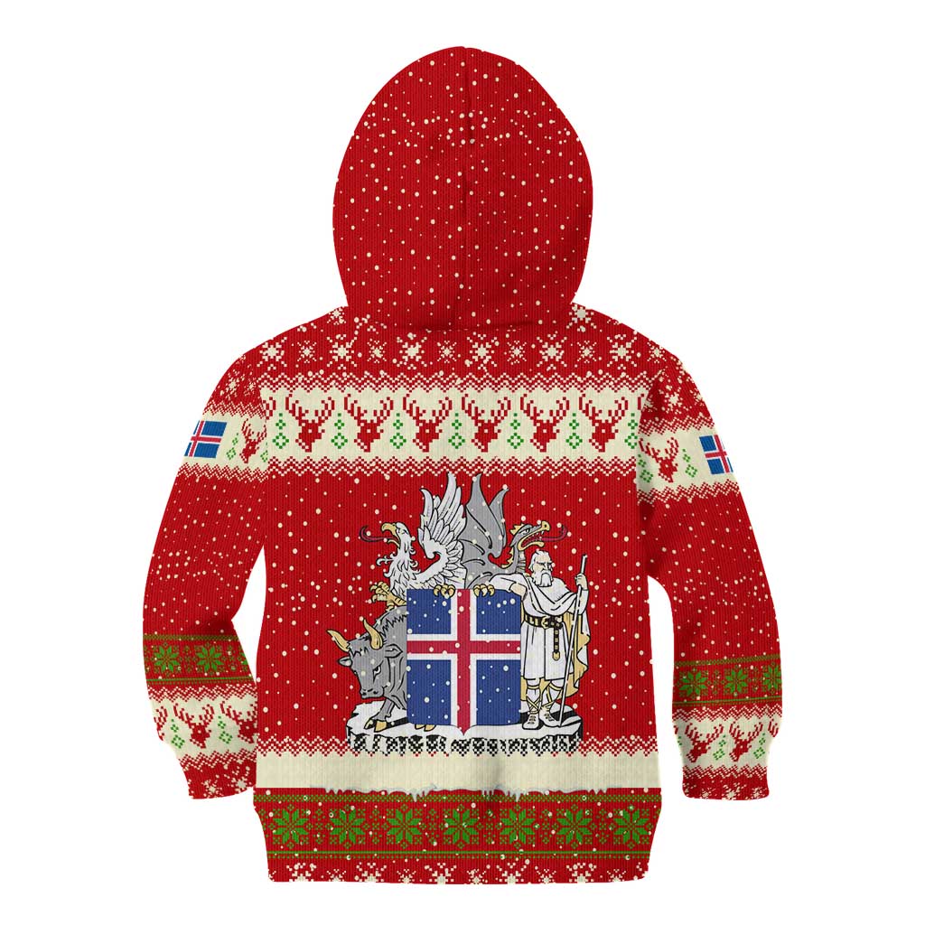 Iceland Christmas Kid Hoodie with Red Snowflake Pattern Yule Cat and National Coat of Arms Motif - Wonder Print Shop