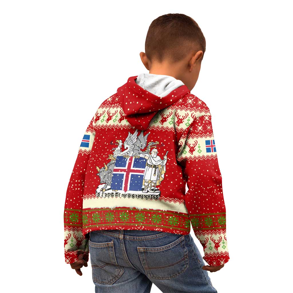 Iceland Christmas Kid Hoodie with Red Snowflake Pattern Yule Cat and National Coat of Arms Motif - Wonder Print Shop