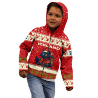 Iceland Christmas Kid Hoodie with Red Snowflake Pattern Yule Cat and National Coat of Arms Motif - Wonder Print Shop