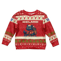 Iceland Christmas Kid Ugly Christmas Sweater with Red Snowflake Pattern Yule Cat and National Coat of Arms Motif - Wonder Print Shop