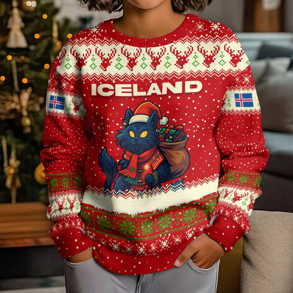 Iceland Christmas Kid Ugly Christmas Sweater with Red Snowflake Pattern Yule Cat and National Coat of Arms Motif - Wonder Print Shop