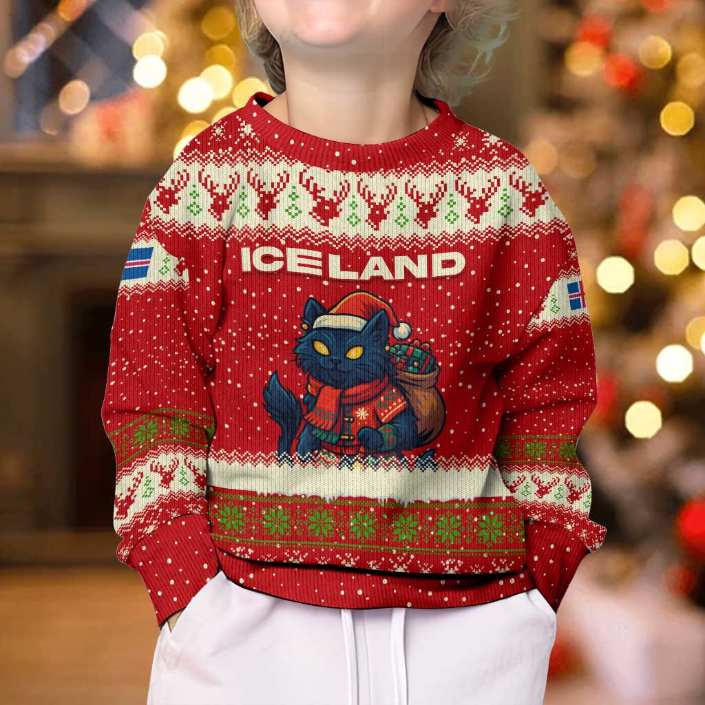 Iceland Christmas Kid Ugly Christmas Sweater with Red Snowflake Pattern Yule Cat and National Coat of Arms Motif - Wonder Print Shop